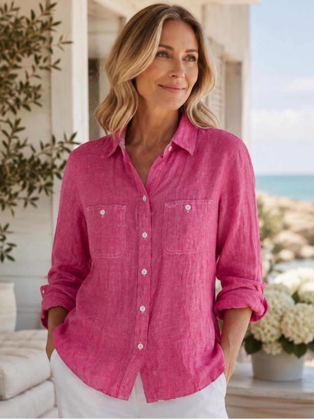 Foxcroft Pink Button-Down Linen Shirt size 8 breathable loose fitting